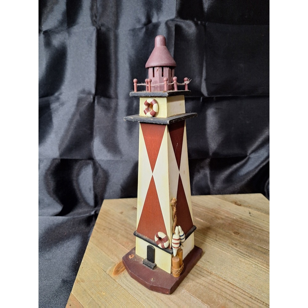 Vintage Wooden Lighthouse Figurine Red Cream Harlequin Nautical Coastal Decor